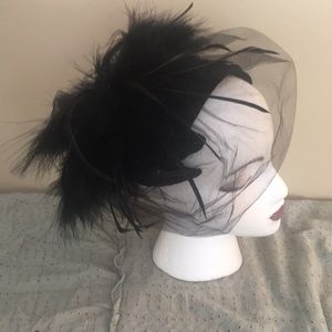Black velvet, feather and tule vintage hat